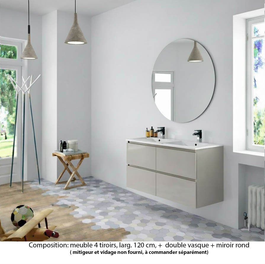 Ensemble meuble de salle de bain Oxford 140 cm grège brillant, plan double double vasque marbre reconstitué,  4 tiroirs , miroir rond