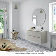 Ensemble meuble de salle de bain Oxford 140 cm grège brillant, plan double double vasque marbre reconstitué, 4 tiroirs , miroir rond