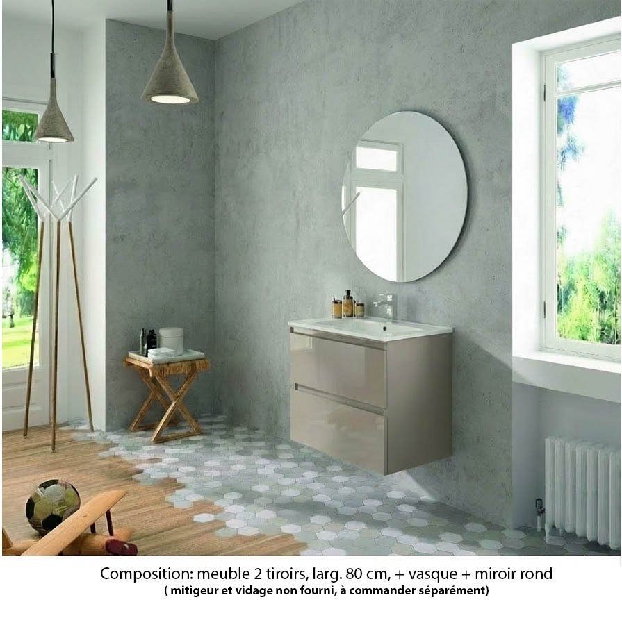 Ensemble meuble de salle de bain Oxford 80 cm grège brillant, plan vasque marbre reconstitué,  2 tiroirs , miroir rond