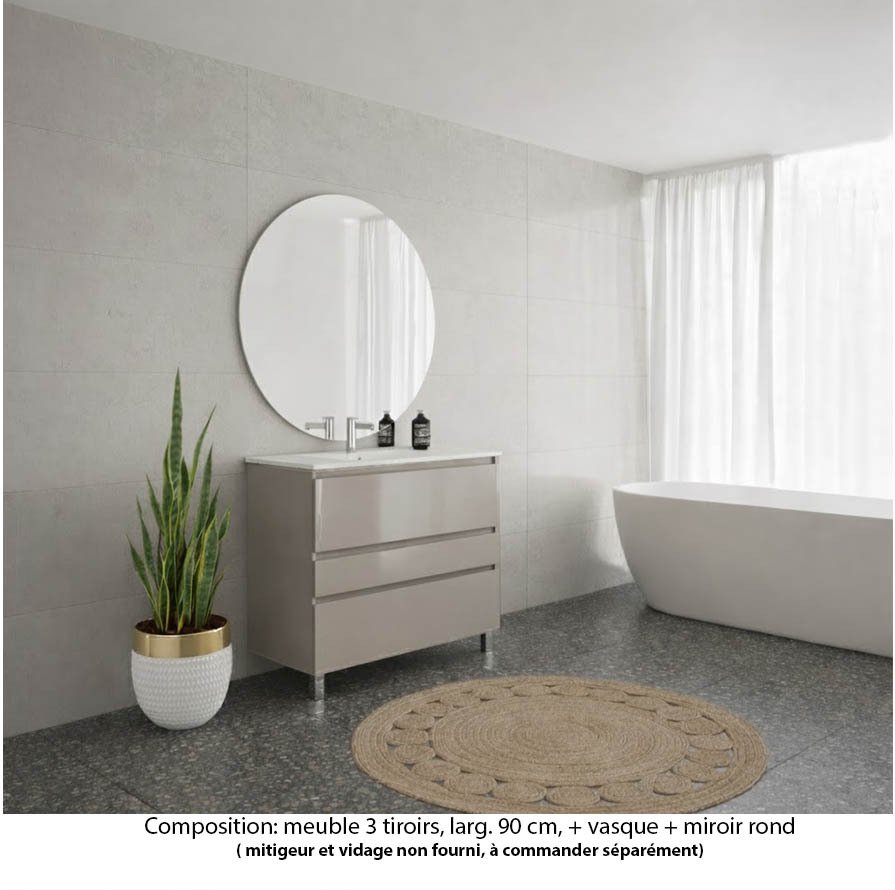 Ensemble meuble de salle de bain Oxford 100 cm grège brillant, plan vasque marbre reconstitué,  3 tiroirs , miroir rond