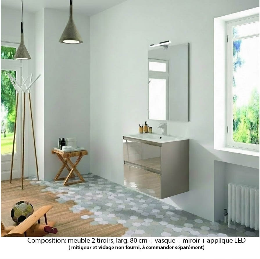 Ensemble meuble de salle de bain Oxford 80 cm grège brillant, plan vasque marbre reconstitué,  2 tiroirs , miroir haut. 60 cm avec applique