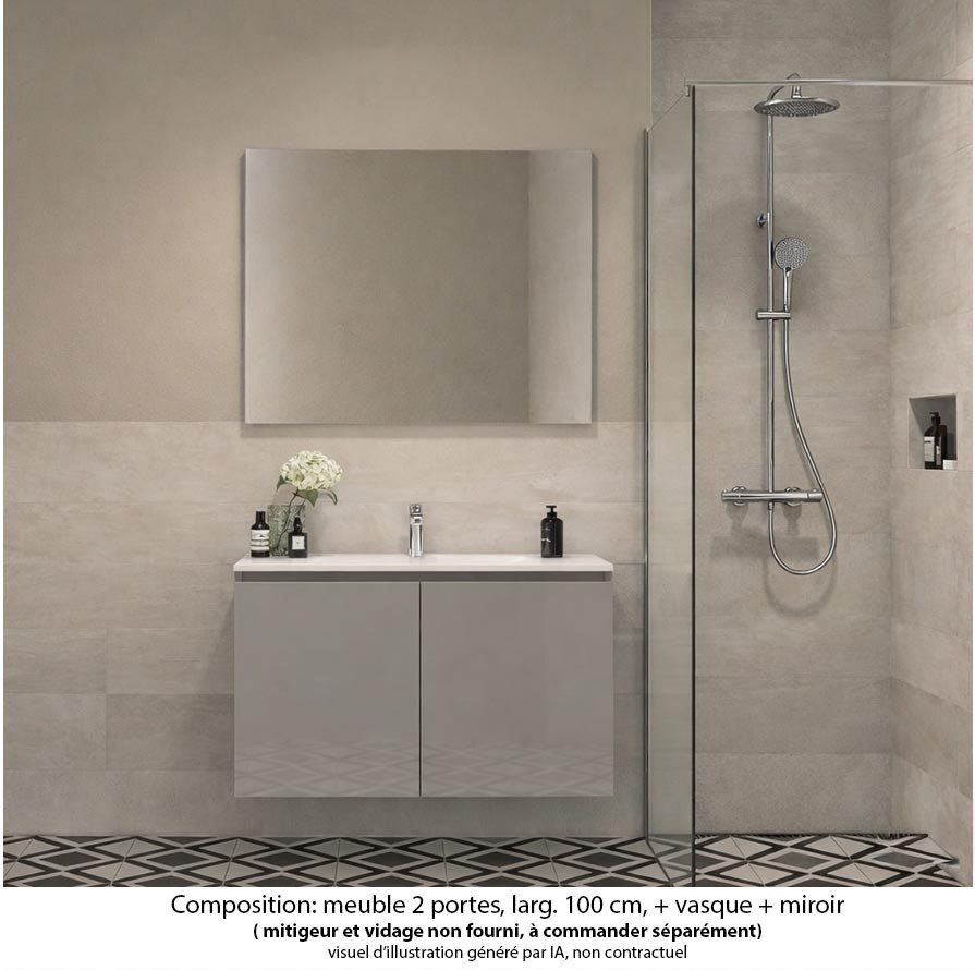 Ensemble meuble de salle de bain Oxford 60 cm grège brillant, plan vasque marbre reconstitué,  2 portes , miroir haut. 60 cm