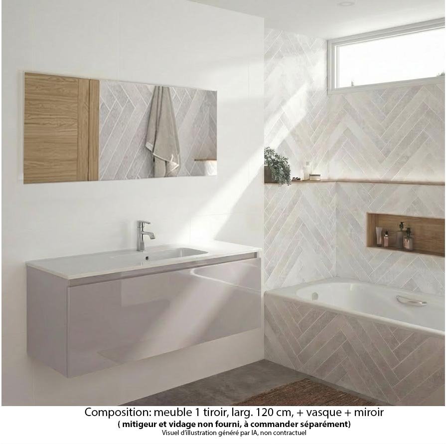 Ensemble meuble de salle de bain Oxford 120 cm grège brillant, plan vasque marbre reconstitué,  1 tiroir , miroir haut. 60 cm