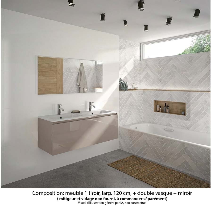 Ensemble meuble de salle de bain Oxford 120 cm grège brillant, plan double vasque marbre reconstitué,  1 tiroir , miroir haut. 60 cm