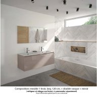 Ensemble meuble de salle de bain Oxford 120 cm grège brillant, plan double vasque marbre reconstitué, 1 tiroir , miroir haut. 60 cm