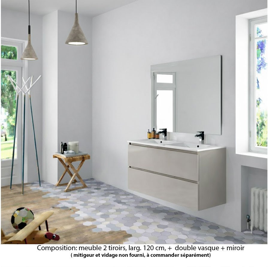 Ensemble meuble de salle de bain Oxford 120 cm grège brillant, plan double vasque marbre reconstitué,  2 tiroirs , miroir haut. 60 cm