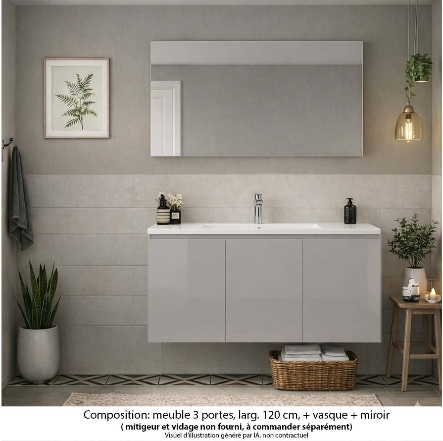 Ensemble meuble de salle de bain Oxford 120 cm grège brillant, plan vasque céramique,  3 portes , miroir haut. 60 cm