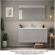 Ensemble meuble de salle de bain Oxford 120 cm grège brillant, plan vasque céramique, 3 portes , miroir haut. 60 cm