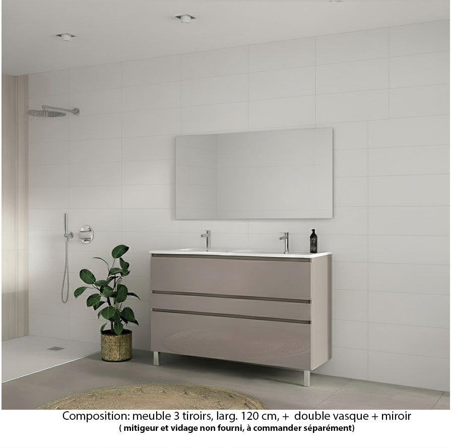 Ensemble meuble de salle de bain Oxford 120 cm grège brillant, plan double vasque céramique,  3 tiroirs , miroir haut. 60 cm