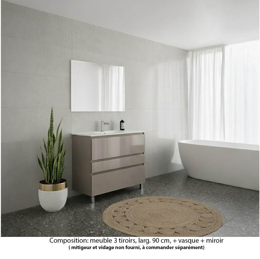 Ensemble meuble de salle de bain Oxford 80 cm grège brillant, plan vasque marbre reconstitué,  3 tiroirs , miroir haut. 60 cm