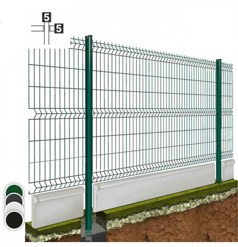 Kit grillage rigide vert 5 ml, à sceller fil de 5/5 mm, haut. 1.98 m, avec soubassement béton 25 cm