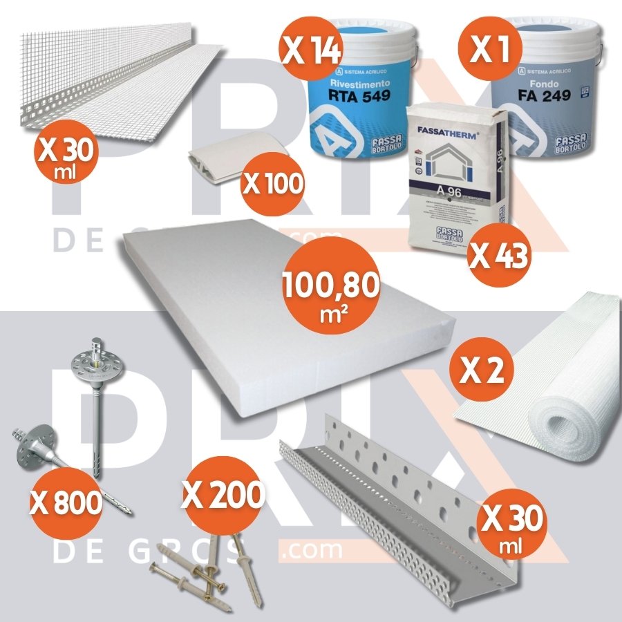 Image des composants du kit d'isolation thermique extérieure blanc, incluant une épaisseur de 160 mm