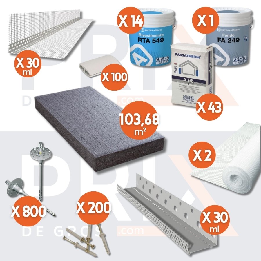 Image des composants du kit d'isolation thermique extérieure graphité, incluant une épaisseur de 100