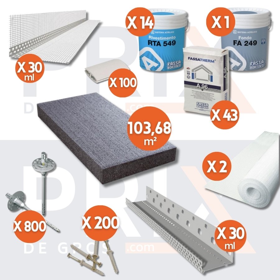 Image des composants du kit d'isolation thermique extérieure graphité, incluant une épaisseur de 140