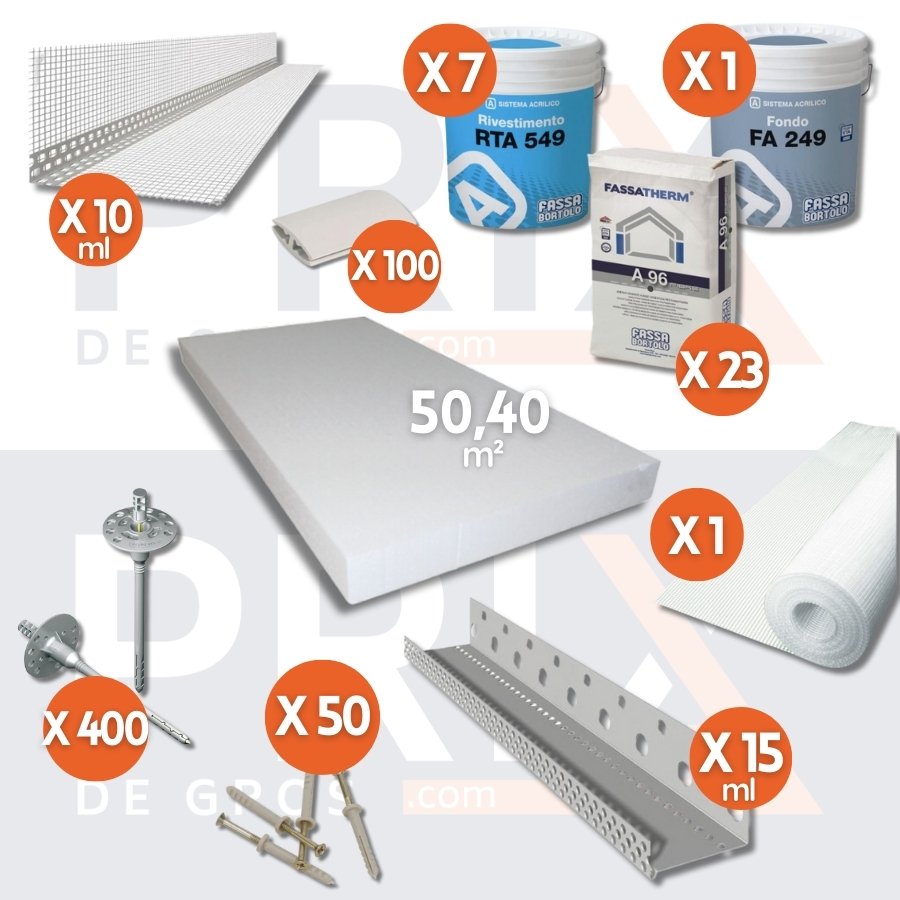 Image des composants du kit d'isolation thermique extérieure blanc, incluant une épaisseur de 140 mm