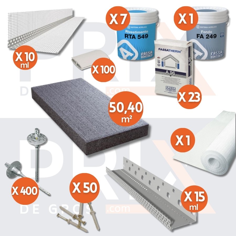Image des composants du kit d'isolation thermique extérieure graphité, incluant une épaisseur de 100
