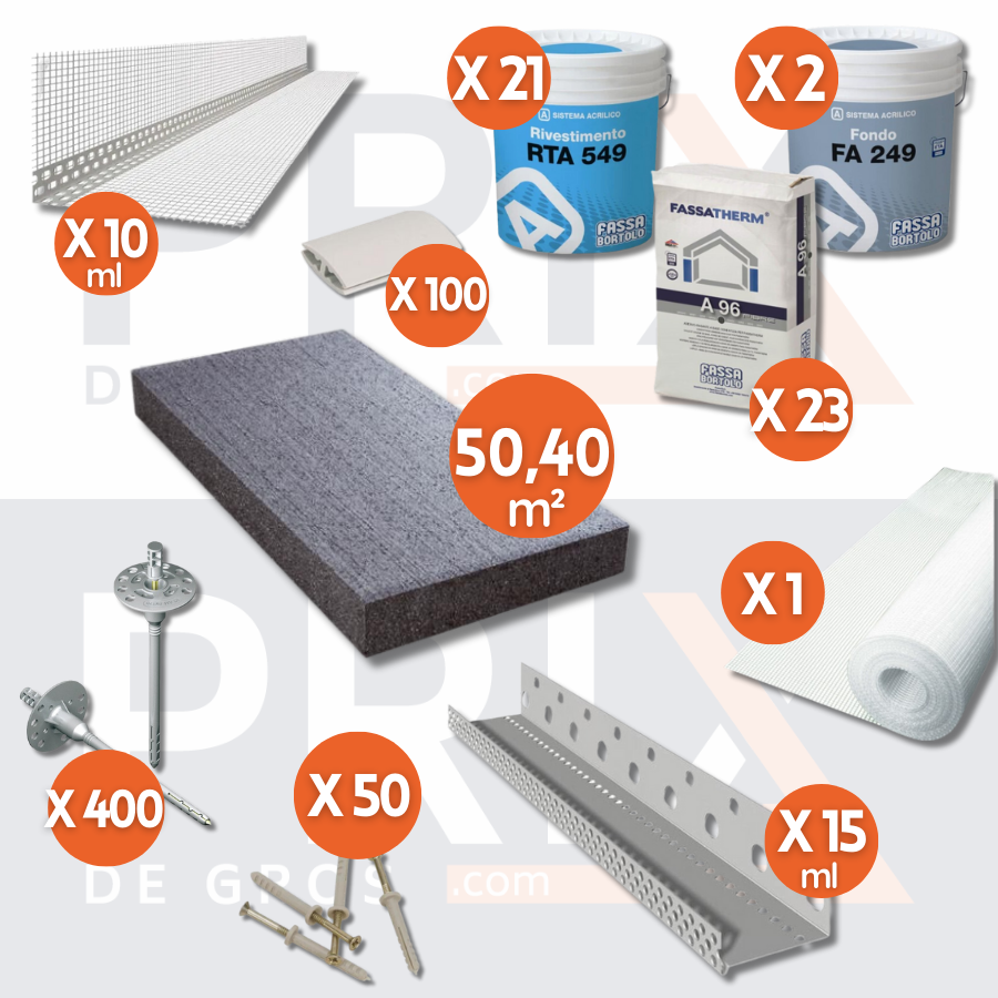 Image des composants du kit d'isolation thermique extérieure graphité, incluant une épaisseur de 120
