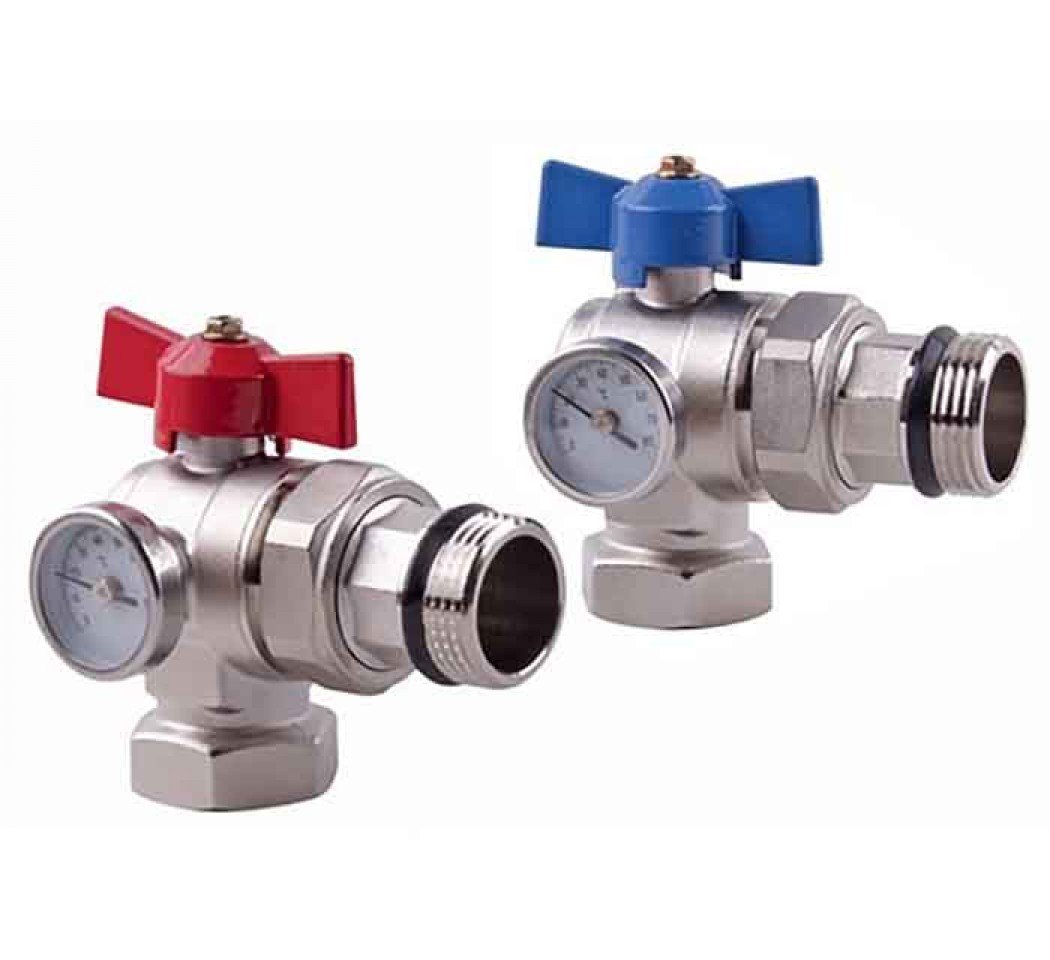 Kit Vanne à sphère coudée, diamètre 1", avec thermomètre et raccord