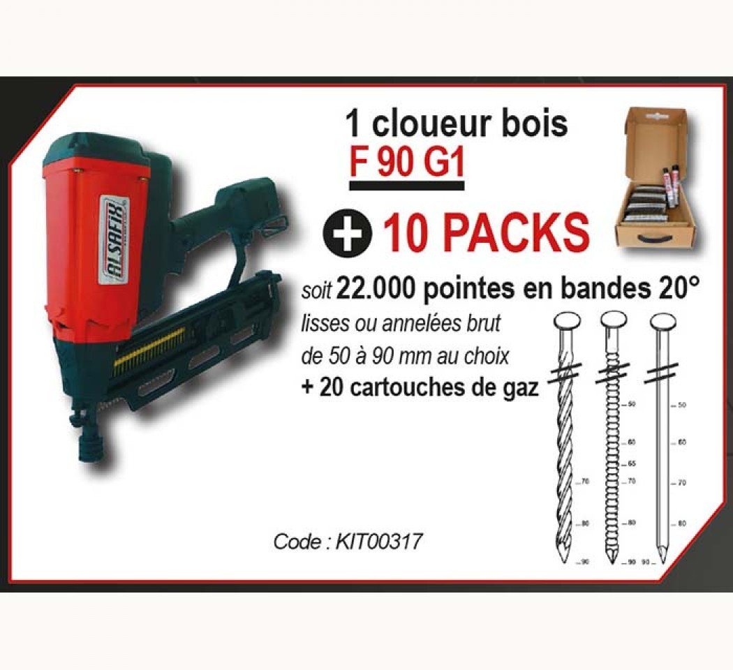 Ensemble de 1 cloueur bois F90G1, 10 packs de pointes, 20 cartouches de gaz