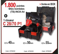Box de 1 800 pointes têtes bombées INOX A4, 2,5 x 40 mm et un cloueur C28/70 P1