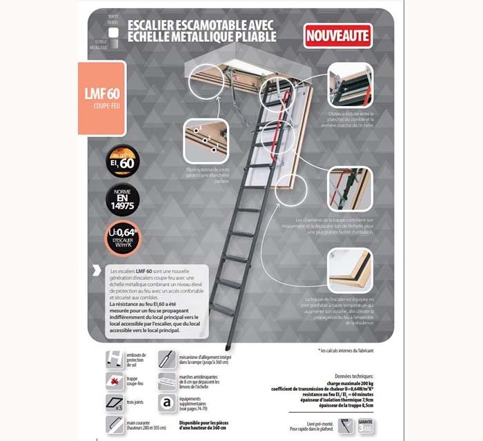 Escalier escamotable LMF60, haut. 305 cm x 70 cm x 130 cm, coupe-feu, triple système de joints