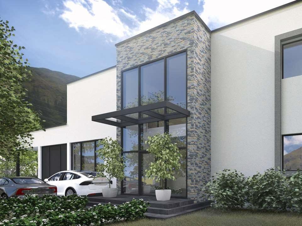 photo d'ambiance d'un mur à l'entrée d'une maison, revêtit un magnifique parement lucerna naturel