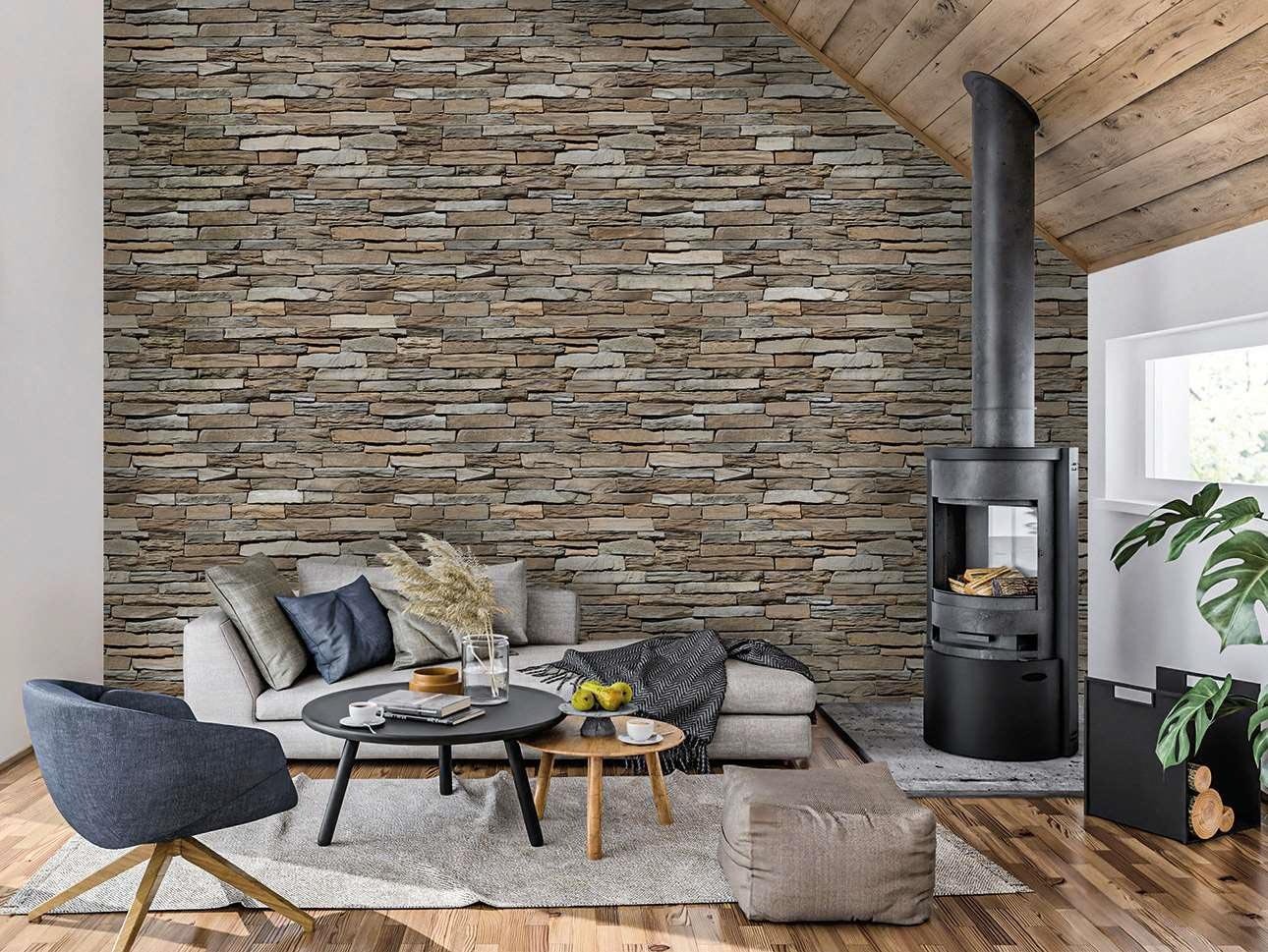 photo d'ambiance dans un salon d'un mur habillé par un parement mural lucerna naturel verniprens