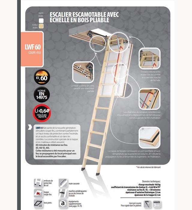 Escalier escamotable LWF60 avec échelle en bois pliable, haut. 305 cm, 70 cm x 130 cm