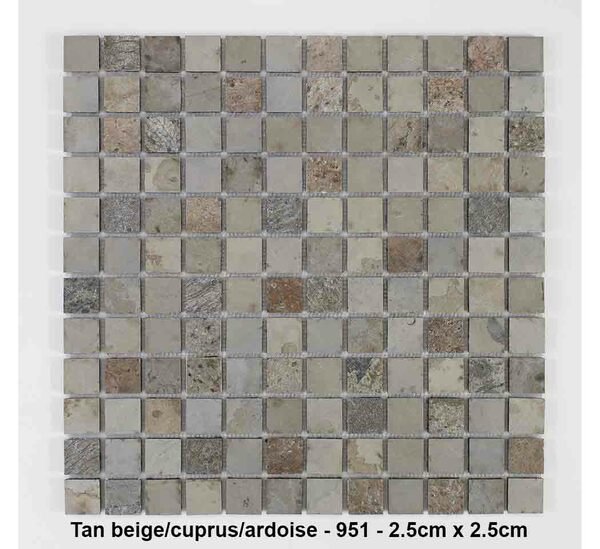 Mosaique pierre naturelle , Tan beige/Cuprus/Ardoise , carreaux de 2.5 cm, rouleau de 30 cm x 30 cm