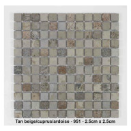 Mosaique pierre naturelle , Tan beige/Cuprus/Ardoise , carreaux de 2.5 cm, rouleau de 1 m x 50 cm