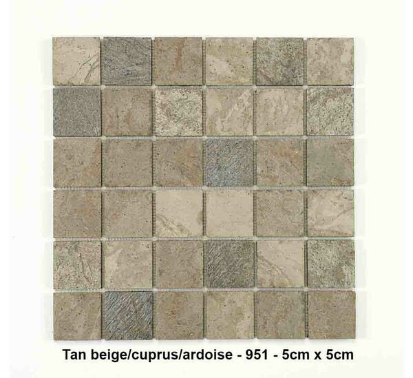 Mosaique pierre naturelle , Tan beige/Cuprus/Ardoise , carreaux de 5 cm, rouleau de 30 cm x 30 cm