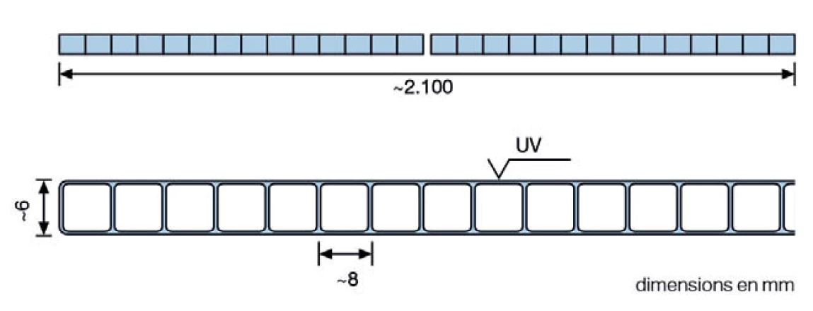 Plaque de polycarbonate traitée anti-UV 2 faces, alvéolaire translucide, 2  parois ép. 6 mm, dimensions 2100 mm x 7000 mm 