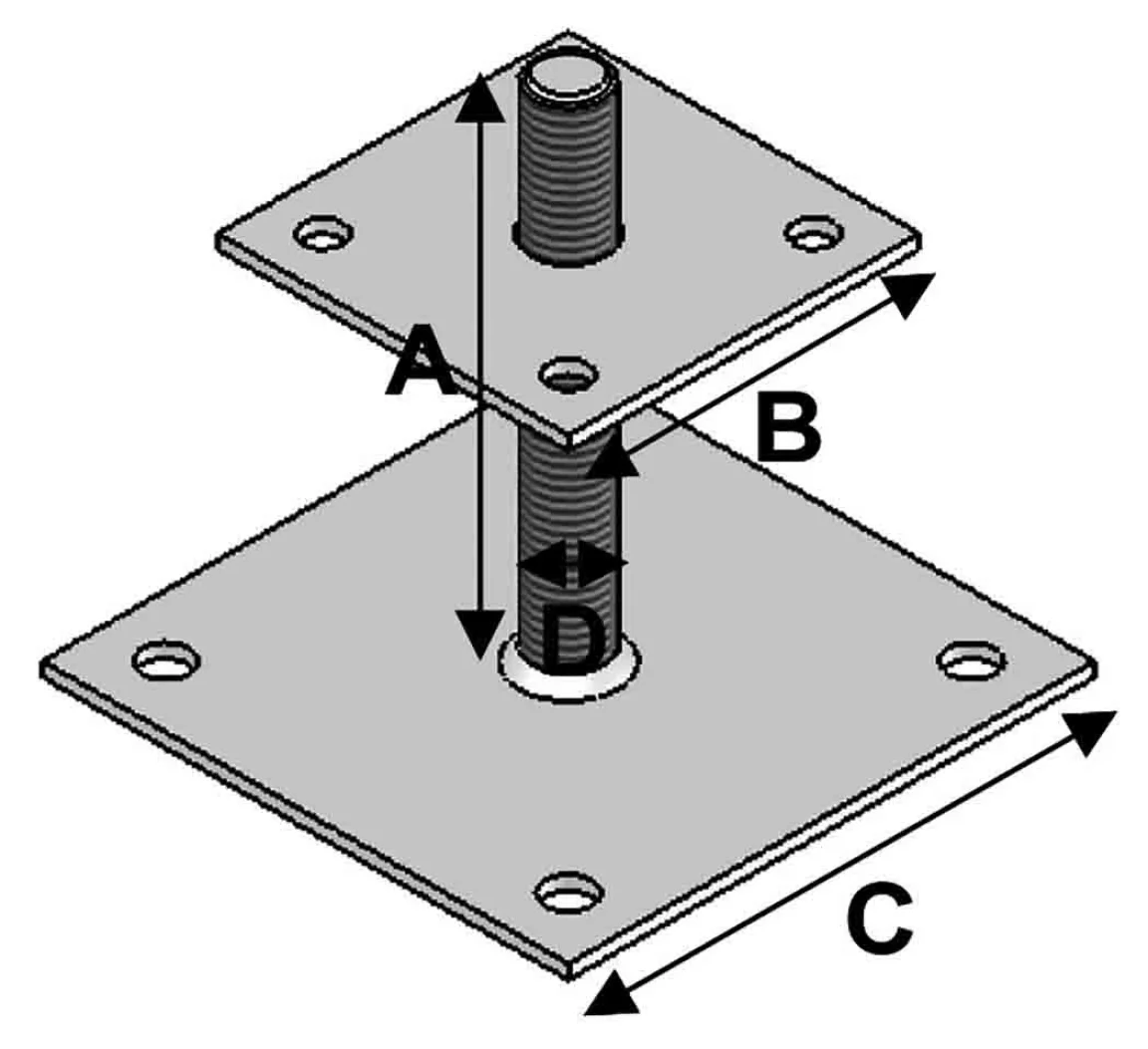 Pied réglable à boulonner avec platine 150 mm x 100 mm x 150 mm