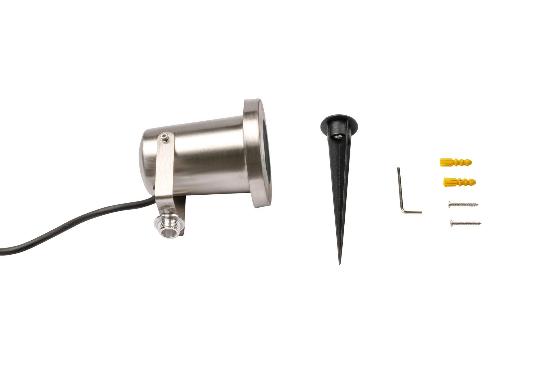 Packshot projecteur LED extérieur en inox avec accessoires de fixation (piquet, chevilles, vis, clé