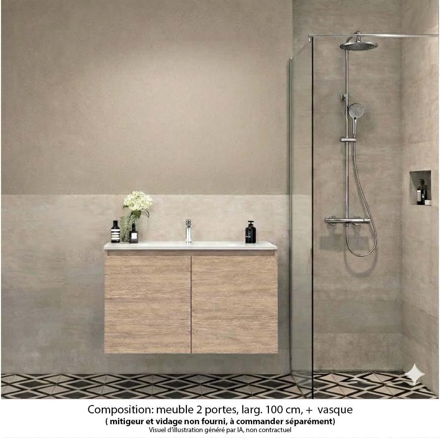 Ensemble meuble de salle de bain Oxford 60 cm chêne Sanremo, plan vasque marbre reconstitué,  2 portes