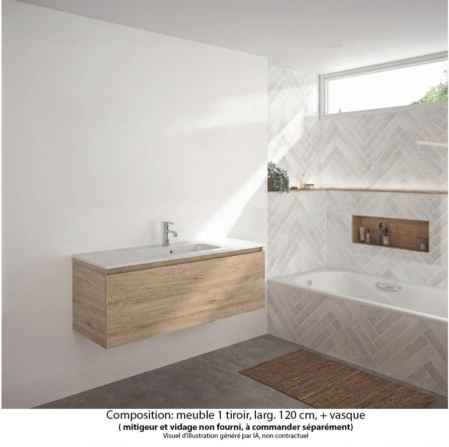 Ensemble meuble de salle de bain Oxford 120 cm chêne Sanremo, vasque marbre reconstitué,  1 tiroir