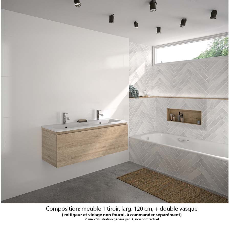 Ensemble meuble de salle de bain Oxford 120 cm chêne Sanremo, plan double vasque marbre reconstitué,  1 tiroir