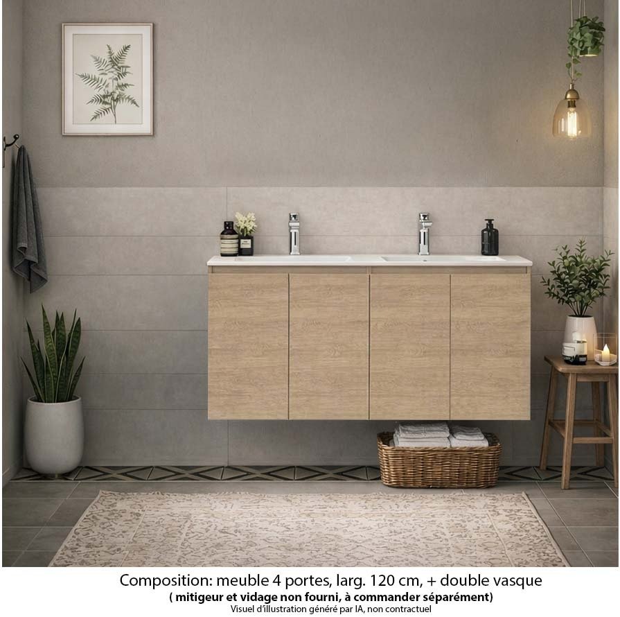 Ensemble meuble de salle de bain Oxford 140 cm chêne Sanremo, plan vasque marbre reconstitué,  4 portes