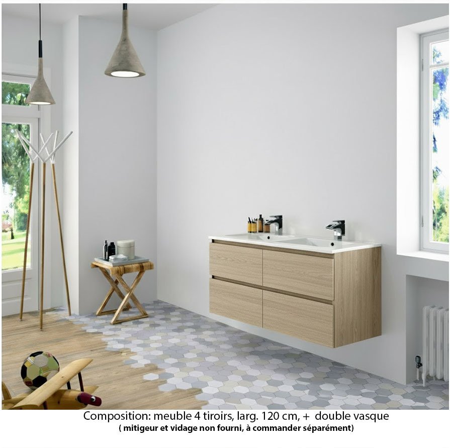 Ensemble meuble de salle de bain Oxford 140 cm chêne Sanremo, plan double double vasque marbre reconstitué,  4 tiroirs