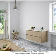 Ensemble meuble de salle de bain Oxford 140 cm chêne Sanremo, plan double double vasque marbre reconstitué, 4 tiroirs