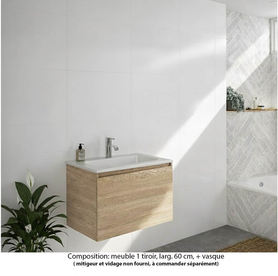 Ensemble meuble de salle de bain Oxford 60 cm chêne Sanremo, plan vasque marbre reconstitué,  1 tiroir