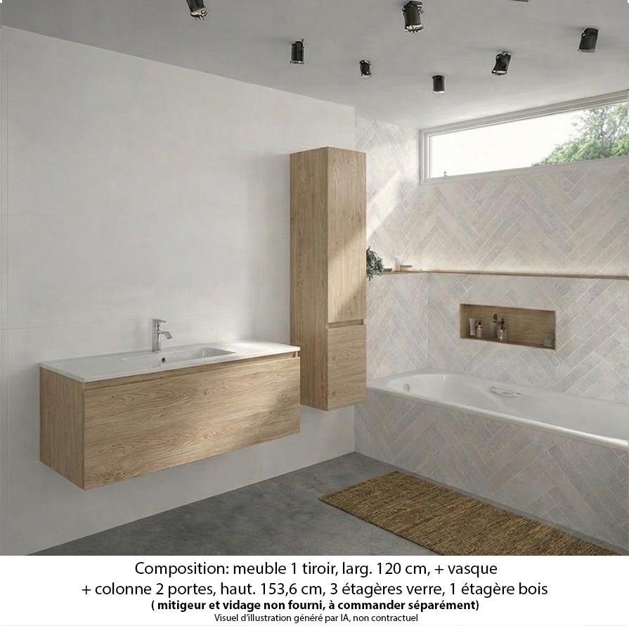 Ensemble meuble de salle de bain Oxford 120 cm chêne Sanremo, plan vasque marbre reconstitué,  1 tiroir + colonne P. 35 cm x H. 153 cm