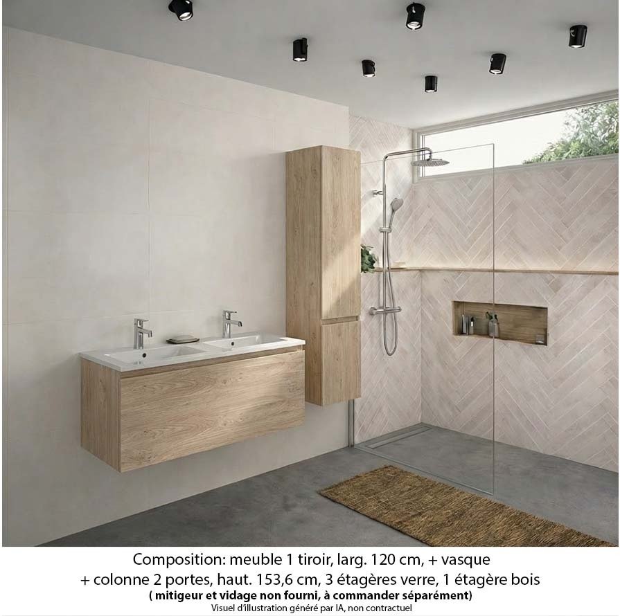 Ensemble meuble de salle de bain Oxford 120 cm chêne Sanremo, plan double vasque marbre reconstitué,  1 tiroir +colonne P. 35 cm x H. 153 cm