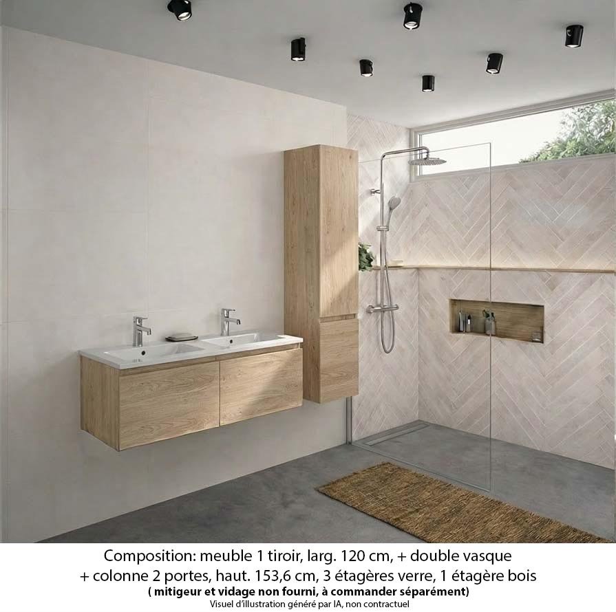 Ensemble meuble de salle de bain Oxford 140 cm chêne Sanremo, plan double double vasque marbre reconstitué,  2 tiroirs +colonne P. 35 cm x H. 153 cm