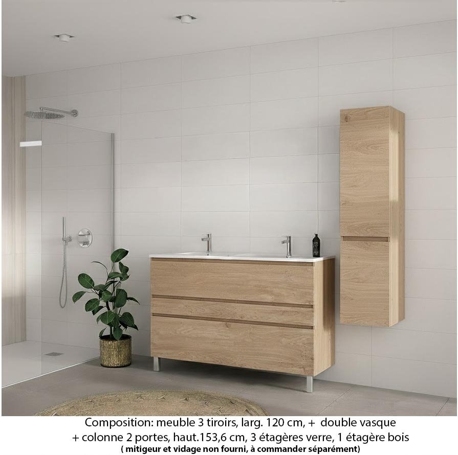 Ensemble meuble de salle de bain Oxford 120 cm chêne Sanremo, plan double vasque marbre reconstitué,  3 tiroirs + colonne P. 35 cm x H. 153 cm