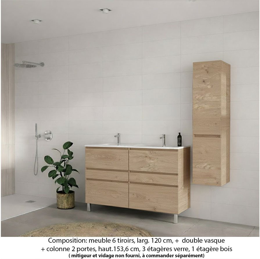 Ensemble meuble de salle de bain Oxford 140 cm chêne Sanremo, plan double double vasque marbre reconstitué,  caisson double, 6 tiroirs + colonne P. 35 cm x H. 153 cm