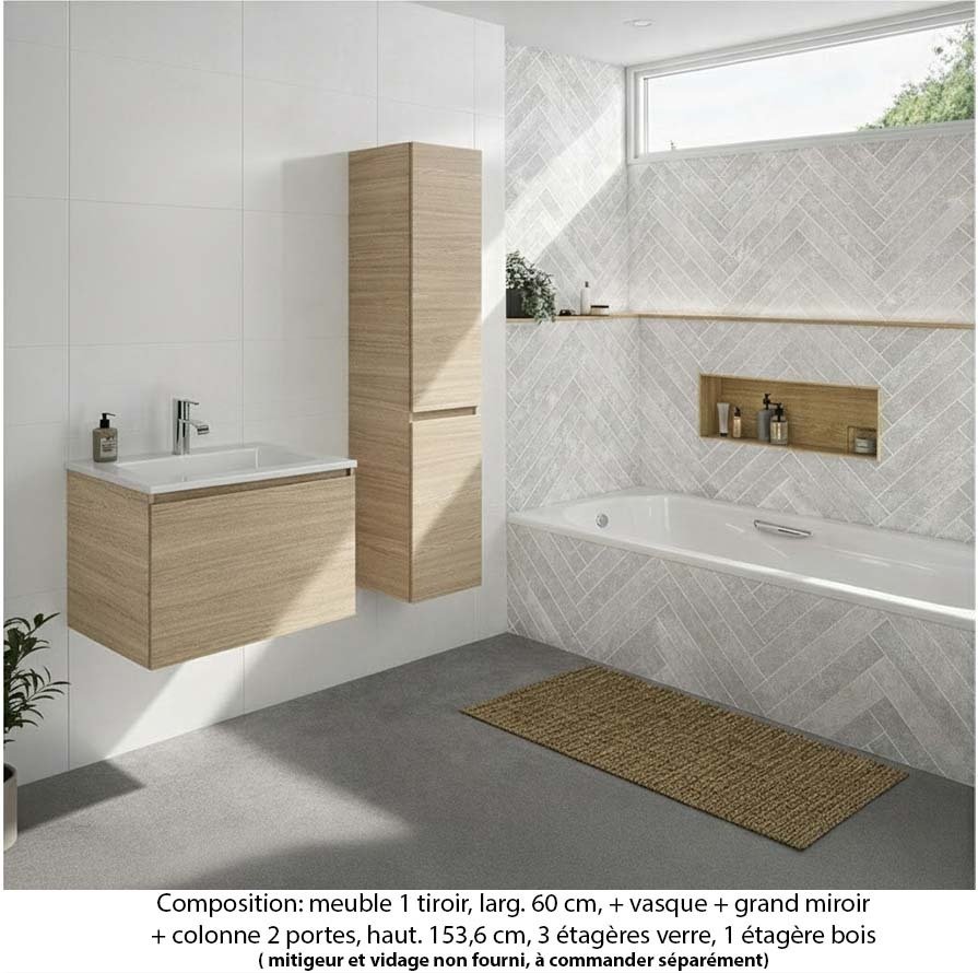 Ensemble meuble de salle de bain Oxford 60 cm chêne Sanremo, plan vasque marbre reconstitué,  1 tiroir +colonne P. 35 cm x H. 153 cm