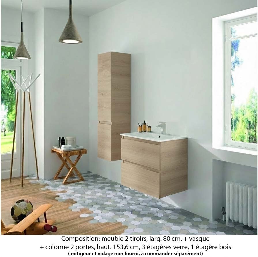 Ensemble meuble de salle de bain Oxford 80 cm chêne Sanremo, plan vasque marbre reconstitué,  2 tiroirs +colonne (ch. à gauche)