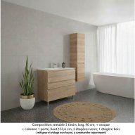 Ensemble meuble de salle de bain Oxford 90 cm chêne Sanremo, plan vasque marbre reconstitué, 3 tiroirs + colonne P. 35 cm x H. 153 cm