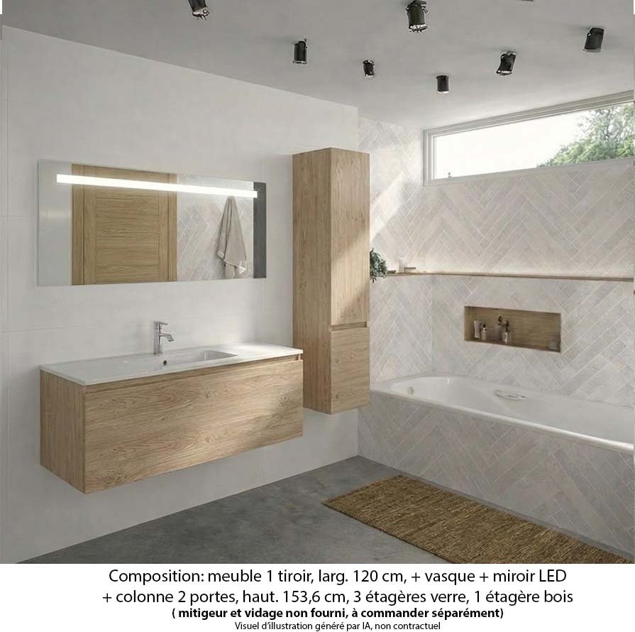 Ensemble meuble de salle de bain Oxford 120 cm chêne Sanremo, plan vasque marbre reconstitué,  1 tiroir +colonne P. 35 cm x H. 153 cm  , miroir LED